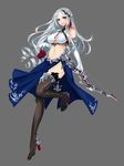  apt arrow bare_shoulders boots bow_(weapon) breasts drill_hair full_body gloves grey_background grey_hair gyakushuu_no_fantasica high_heel_boots high_heels highres large_breasts long_hair midriff navel official_art purple_eyes quiver simple_background solo thigh_boots thighhighs weapon 