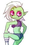  1girl ass closed_mouth freckles green_skin looking_back lord_dominator pink_sclera side_cut silver_hair simple_background smile socks solo wander_over_yonder white_background 