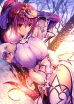  1girl bangs bare_shoulders blush boots breasts closed_mouth detached_sleeves dress emanon123 fate/grand_order fate_(series) forehead_jewel fur_trim hair_between_eyes highres large_breasts long_hair looking_at_viewer purple_dress purple_footwear purple_hair red_eyes scathach_(fate)_(all) scathach_skadi_(fate/grand_order) smile solo thigh_boots thighhighs thighs tiara very_long_hair 