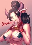  1girl animal_ears bikini breasts brown_eyes brown_hair cleavage cow_bell cow_ears cow_horns cow_print fatal_fury fingerless_gloves king_of_fighters large_breasts long_hair looking_at_viewer ponytail shiranui_mai smile snk snk_heroines:_tag_team_frenzy solo swimsuit text underboob 