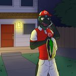  anthro baseball_cap black_body blue_hair briefs building cellphone clothed clothing cute_fangs delivery door fence fully_clothed fuze green_eyes hair hat hi_res holding_clothing holding_object holding_phone house light male night open_mouth outside pants phone reptile scalie shirt shorts sky snake solo star starry_sky story story_in_description tighty_whities tongue tree underwear underwear_souvenir uniform uvula white_underwear yard 