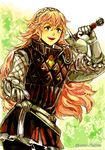  absurdres curly_hair fire_emblem fire_emblem_if gloves highres holding holding_sword holding_weapon long_hair looking_at_viewer pink_hair smile soleil_(fire_emblem_if) solo sword weapon 