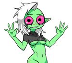  1girl belly blush breasts eyebrows freckles green_skin lord_dominator pink_sclera pointy_ears side_cut silver_hair simple_background smile solo stomach teeth wander_over_yonder white_background 
