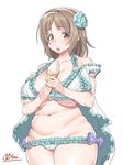  :p artist_name bare_shoulders belly blue_flower breasts brown_eyes brown_hair camisole dessert fat flower food hair_flower hair_ornament highres huge_breasts idolmaster idolmaster_cinderella_girls lingerie long_hair looking_at_viewer mimura_kanako navel obui panties plump signature simple_background solo thick_thighs thighs tongue tongue_out underboob underwear white_background 