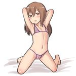  1girl aaaa armpits bare_arms bare_shoulders blush brown_eyes brown_hair cameltoe erect_nipples eyebrows_visible_through_hair female full_body hair_between_eyes kneeling long_hair open_mouth original simple_background solo white_background 