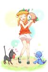  &gt;_&lt; ? ^_^ alternate_hair_color bare_arms bare_shoulders blonde_hair blush braid camisole closed_eyes floral_print flower flying_sweatdrops fuwasn1545 gen_7_pokemon happy hat hat_flower hibiscus highres jealous laughing litten long_hair mizuki_(pokemon) open_mouth pokemon pokemon_(creature) pokemon_(game) pokemon_usum popplio puffy_shorts red_flower rowlet sandals shorts smile squiggle standing straw_hat twin_braids white_background white_shorts 