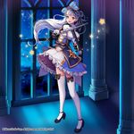  artist_name beamed_sixteenth_notes blue_eyes bow company_name curly_hair gloves gyakushuu_no_fantasica instrument long_hair musical_note night official_art open_mouth solo sparkle star teeth thighhighs uuhui violin white_hair window 