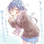  bangs baozi blue_hair blush breath coat commentary_request eating eyebrows_visible_through_hair food from_side hair_between_eyes holding holding_food long_hair love_live! love_live!_school_idol_project nekokun otonokizaka_school_uniform plaid plaid_scarf plaid_skirt pleated_skirt scarf school_uniform simple_background skirt solo sonoda_umi text_focus translation_request white_background 