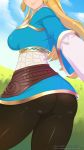  1girl ass ass_focus blonde_hair breasts cameltoe draltruist from_behind head_out_of_frame hips huge_ass large_breasts long_hair nintendo pants princess_zelda self_shot shiny shiny_clothes shiny_hair shirt sideboob smile solo the_legend_of_zelda the_legend_of_zelda:_breath_of_the_wild thick_thighs thighs tight tight_pants wide_hips 