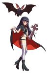  absurdres alternate_costume bangs bat black_footwear black_hair black_panties blush boots bow bowtie cape choker cross embarrassed grey_eyes high_heel_boots high_heels highres long_hair mamahaha nakoruru official_art ogura_eisuke panties samurai_spirits snk snk_heroines:_tag_team_frenzy solo thighhighs underwear white_legwear 