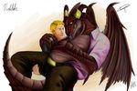  2017 anthro blonde_hair clothing digital_drawing_(artwork) digital_media_(artwork) dragon duo hi_res horn human jewelry male male/male mammal marcus_nidolsk overweight overweight_male pengon1 pink_shirt red_scales scales scalie shirt simple_background size_difference teeth tobias_ragnar wings yellow_eyes сonstruction 