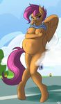  2015 absurd_res aged_up anthro anthrofied areola bedroom_eyes belly big_belly big_breasts breasts clothed clothing clothing_lift cloudscape equine erect_nipples facial_piercing feathered_wings feathers female friendship_is_magic fur hair half-closed_eyes hand_on_breast hi_res hooves long_hair looking_at_viewer mammal my_little_pony navel nipples nose_piercing nose_ring orange_feathers orange_fur outside patch_(artist) pegasus piercing pregnant purple_eyes purple_hair pussy scootaloo_(mlp) seductive shirt shirt_lift sky smile solo standing wings 