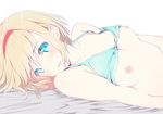  alice_margatroid bare_shoulders blonde_hair blue_bra blue_eyes bra bra_lift breasts collarbone commentary eyebrows_visible_through_hair hairband looking_at_viewer lying nipples nirap on_back parted_lips red_hairband short_hair simple_background small_breasts solo touhou underwear white_background 