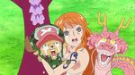  1girl 3boys age_difference bare_shoulders bikini breasts brook child dragon grass hugging long_hair momonosuke_(one_piece) multiple_boys nami_(one_piece) necklace one_piece open_mouth reindeer scared screencap tattoo tears teeth tongue tony_tony_chopper 