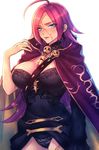  ahoge asymmetrical_sleeves blue_eyes breasts cape cleavage commentary_request cosplay ereshkigal_(fate/grand_order) ereshkigal_(fate/grand_order)_(cosplay) facial_scar fate/extra fate/grand_order fate_(series) francis_drake_(fate) highres large_breasts long_hair looking_at_viewer moe_(hamhamham) pink_hair scar single_sleeve skull solo spine 