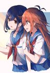  :d antenna_hair arm_holding bangs blue_eyes blue_hair blue_skirt brown_eyes commentary_request eyebrows_visible_through_hair flip_flappers hair_between_eyes kokomine_cocona long_hair looking_at_another looking_at_viewer multiple_girls neckerchief open_mouth orange_hair papika_(flip_flappers) pleated_skirt profile red_neckwear roll_okashi school_uniform serafuku shirt short_hair short_sleeves skirt smile upper_body 