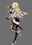 apt armor ass back blonde_hair blue_eyes breasts full_body gloves grey_background gyakushuu_no_fantasica high_heels highres long_hair official_art pointy_ears simple_background solo sword thighhighs weapon 