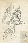  2011 ambiguous_gender anthro avian beak claws crouching feathered_wings feathering feathers feral fur gryphon head_crest looking_back novawuff nude portrait pose rear_view side_view simple_background sketch solo spread_wings tail_feathers textured_background toe_claws wings 