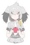  apple blush breast_pocket eyebrows_visible_through_hair food frown fruit hifumitaka holding holding_food kemono_friends looking_at_viewer multicolored_hair necktie pocket shoebill_(kemono_friends) short_sleeves solo 