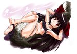  1girl arm_behind_head barefoot between_legs black_hair black_panties bow bow_panties breasts breasts_apart detached_sleeves gate_-_jieitai_ka_no_chi_nite_kaku_tatakaeri long_hair lying nipple_slip nipples no_bra on_back out_of_frame panties panties_around_one_leg red_eyes rory_mercury sao_satoru small_breasts smile solo_focus tail tank_top_lift underwear 