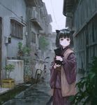  animal animal_ears artist_name bangs black_cat black_eyes black_hair bob_cut building cat cat_ears cat_tail cloud cloudy_sky day ground_vehicle highres holding holding_animal japanese_clothes kimono kitten long_sleeves looking_at_viewer motor_vehicle original outdoors plant rain road scooter sho_(sho_lwlw) short_hair sky solo standing street tail town whisker_markings wide_sleeves window 