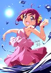  2018 :d ahoge blue_sky dated day double_bun highres hoshizora_miyuki looking_at_viewer nii_manabu open_mouth outstretched_arm pink_eyes pink_hair precure short_hair sky sleeveless smile smile_precure! solo sun wading water 