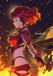  arm_guards blush breasts closed_eyes copyright_name cowboy_shot fingerless_gloves fire flame from_side gem gloves glowing glowing_earrings highres homura_(xenoblade_2) jewelry medium_breasts midriff parted_lips profile red_gloves red_hair red_shorts short_hair short_shorts short_sleeves shorts skindentation smile solo standing tiara tonami_kanji underbust xenoblade_(series) xenoblade_2 