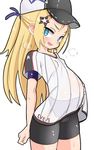  :d arched_back arms_behind_back azur_lane baseball_cap big_belly bike_shorts blonde_hair blue_eyes blue_ribbon blush bogue_(azur_lane) breath bright_pupils buttons cameltoe clenched_hand collarbone commentary_request covered_nipples cowboy_shot eyes_visible_through_hair fang flat_chest from_side hair_between_eyes hair_ornament hair_ribbon half_updo hat jersey konarofu long_hair looking_at_viewer looking_to_the_side open_mouth petite pregnant ribbon see-through shirt short_sleeves simple_background smile solo standing star star_hair_ornament striped striped_shirt sweat tsurime v-shaped_eyebrows vertical-striped_shirt vertical_stripes white_background white_pupils 