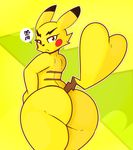  2018 angry anthro big_butt blush butt cleft_tail eyebrows female fur japanese_text looking_back mammal nintendo nipples pikachu pok&eacute;mon pok&eacute;mon_(species) red_cheeks rodent sirphilliam solo text thick_thighs video_games voluptuous wide_hips yellow_fur 
