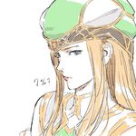  blue_eyes brown_hair freya_(valkyrie_profile) green_hat hat highres light_frown lips long_hair looking_at_viewer nazoani_museum parted_lips pink_lips sanpaku simple_background sketch solo upper_body valkyrie_profile white_background 