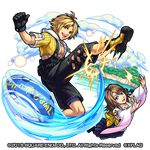  1girl ball beach blitzball blonde_hair brown_hair final_fantasy final_fantasy_x gloves heterochromia looking_at_viewer lowres monster_strike official_art tidus transparent_background water wide_sleeves yuna_(ff10) 