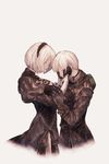  1girl black_dress black_hairband closed_eyes dress gloves hairband hands_on_another's_face highres juliet_sleeves long_sleeves maekakekamen nier_(series) nier_automata no_blindfold puffy_sleeves short_hair simple_background standing white_hair yorha_no._2_type_b yorha_no._9_type_s 