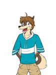  blue_eyes blue_shirt brown_hair canine clothed clothing fully_clothed fuze hair khaki_pants mammal morenatsu open_mouth shun_(morenatsu) simple_background smile teeth white_background wolf 