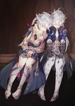  1girl alisaie_leveilleur alphinaud_leveilleur boots brother_and_sister closed_eyes earrings elezen elf final_fantasy final_fantasy_xiv gloves head_on_another's_shoulder jewelry long_coat long_hair pointy_ears rue_(ruenis_chronowing) siblings sitting sleeping smile white_hair 