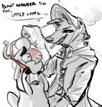  anthro bell betty_(weaver) blush canine caprine cigarette clothed clothing digital_media_(artwork) disney dog dress duo female larger_anthro larger_female male male/female mammal nervous nobby_(artist) pack_street predator/prey remmy_cormo sheep size_difference smaller_anthro smaller_male smile suggestive teeth wolf zootopia 