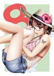  akizuki_ritsuko bangs bare_legs bare_shoulders bikini_top blue_shorts blush braid breasts butterfly_tattoo cleavage denim denim_shorts feet_out_of_frame fingernails flower frilled_bikini_top from_side glasses green_background hair_over_shoulder hat hat_flower hibiscus idolmaster idolmaster_(classic) kawamura_kazuma knees_to_chest leaning legs_up long_fingernails long_hair looking_to_the_side medium_breasts nail_polish number pink_flower pink_nails reclining red-framed_eyewear red_eyes see-through semi-rimless_eyewear short_shorts shorts shoulder_tattoo single_braid solo straw_hat striped_bikini_top sun_hat tattoo under-rim_eyewear 