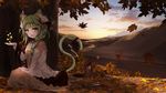  animal_ears anthropomorphism autumn bba1985 bell catgirl clouds green_hair landscape leaves long_hair orange_eyes scenic skirt sky tagme_(character) tail tree 