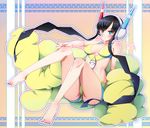  :o arm_support bangs bare_legs bare_shoulders barefoot blue_nails blush body_blush breasts breasts_apart bright_pupils cleavage collarbone covered_nipples eyebrows_visible_through_hair foreshortening halftone halftone_background hand_on_own_knee headphones kamitsure_(pokemon) legs legs_up long_hair looking_at_viewer medium_breasts midriff nail_polish naoto_(yandereheaven) open_mouth outline parted_lips pokemon pokemon_(game) pokemon_bw2 red_nails revealing_clothes sidelocks signature sitting solo toenail_polish toes very_long_hair white_outline 