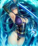  1girl arm_up aura bangs bare_shoulders blue_eyes blue_hair breasts curvy elbow_gloves erect_nipples female fighting_stance fishnets floating_hair frown gloves glowing hair_between_eyes halterneck highleg highleg_panties hips holding holding_weapon japanese_clothes large_breasts lilith-soft long_hair misao_~injoku_ninpouden~ mound_of_venus ninja no_bra nobushito_kuro obi official_art panties sash side_slit sideboob solo string_panties sword taimanin_(series) taimanin_asagi taimanin_asagi_battle_arena turtleneck underwear very_long_hair weapon yukishiro_misao 