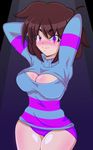 1girl arms_up blush breasts brown_hair cleavage cleavage_cutout frisk_(undertale) large_breasts looking_at_viewer mairusu-paua purple_eyes short_hair smile solo undertale 