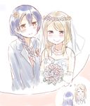  ayase_arisa bangs bare_shoulders blonde_hair blue_eyes blue_hair blush bouquet braid bridal_veil bride commentary_request couple dress elbow_gloves eyebrows_visible_through_hair flower formal gloves hair_between_eyes hair_flower hair_ornament head_wreath imagining long_hair love_live! love_live!_school_idol_project multiple_girls shijimi_kozou simple_background smile sonoda_umi strapless strapless_dress suit thought_bubble tuxedo veil wedding wedding_dress white_dress white_gloves wife_and_wife yuri 