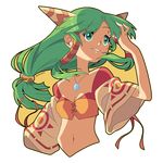  adjusting_hair artist_name commentary feena_(grandia) floating_hair grandia grandia_i green_eyes green_hair hair_ornament hair_tubes jewelry long_hair low-tied_long_hair midriff navel parted_lips pendant sidelocks smile solo wide_sleeves wind zhampy 