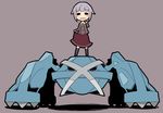  :d bangs batsu black_eyes black_legwear blunt_bangs blush commentary crossover gen_3_pokemon grey_background grey_shirt hair_flaps idolmaster idolmaster_cinderella_girls koshimizu_sachiko legs_apart looking_at_viewer metagross open_mouth pokemon pokemon_(creature) purple_hair red_skirt sailor_collar school_uniform serafuku shirt short_hair simple_background skirt skirt_hold smile standing thighhighs white_sailor_collar 