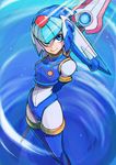  1girl android arm_behind_back artist_request blue_background blue_eyes bodysuit breasts capcom glaive hands_behind_back helmet leviathan_(rockman) light looking_at_viewer looking_up medium_breasts rockman rockman_zero smile spear thigh_boots thighhighs weapon 