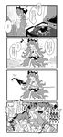  4koma angry bag barefoot bird comic commentary_request crying drill_hair eighth_note flying_sweatdrops furukawa_(yomawari) greyscale handbag highres hitting hood hoodie jacket jewelry miniskirt monochrome multiple_girls musical_note necklace peeking_out sharp_teeth siblings sisters skirt smile speech_bubble spoken_musical_note teeth thought_bubble touhou translation_request twin_drills yorigami_jo'on yorigami_shion 