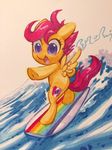  2017 celebi-yoshi cub cute cutie_mark equine eyelashes feathered_wings feathers female feral friendship_is_magic full-length_portrait hair happy hooves mammal marker_(artwork) my_little_pony nude open_mouth open_smile outside pegasus portrait purple_eyes purple_hair rainbow scootaloo_(mlp) sea short_hair simple_background smile solo standing stripes surfboard surfing tongue traditional_media_(artwork) underhoof water wave white_background wings young 