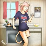  2017 amputee anthro beverage bottomless breasts capri cat clothed clothing detailed_background doxxyl feline female hair mammal pink_hair shirt suggestive t-shirt tired 