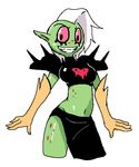  1girl armor belly breasts crop_top eyebrows freckles gloves green_skin long_skirt lord_dominator pink_sclera side_cut simple_background skirt smile solo stomach teeth wander_over_yonder white_background white_hair 