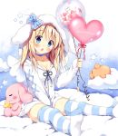  1girl :o angel_wings animal_hood bangs between_legs blonde_hair blue_bow blue_choker blue_eyes bow breasts bunny bunny_hood choker circle_name cleavage cloud collarbone commentary_request hand_between_legs heart_balloon holding_balloon hood hood_up hooded_jacket jacket long_hair long_sleeves looking_at_viewer no_shoes original pan_(mimi) sitting sitting_on_cloud solo star striped striped_bow striped_legwear ten-chan_(pan_(mimi)) thighhighs white_jacket white_wings wings 