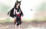  animal_ears black_hair bug butterfly dress imaizumi_kagerou insect long_hair meimaru_inuchiyo outdoors red_eyes solo sparkle standing tail touhou wading water wolf_ears wolf_tail 